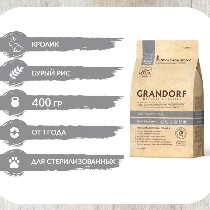 Грандорф Grandorf для стерилизованных кошек Кролик и рис, 400г