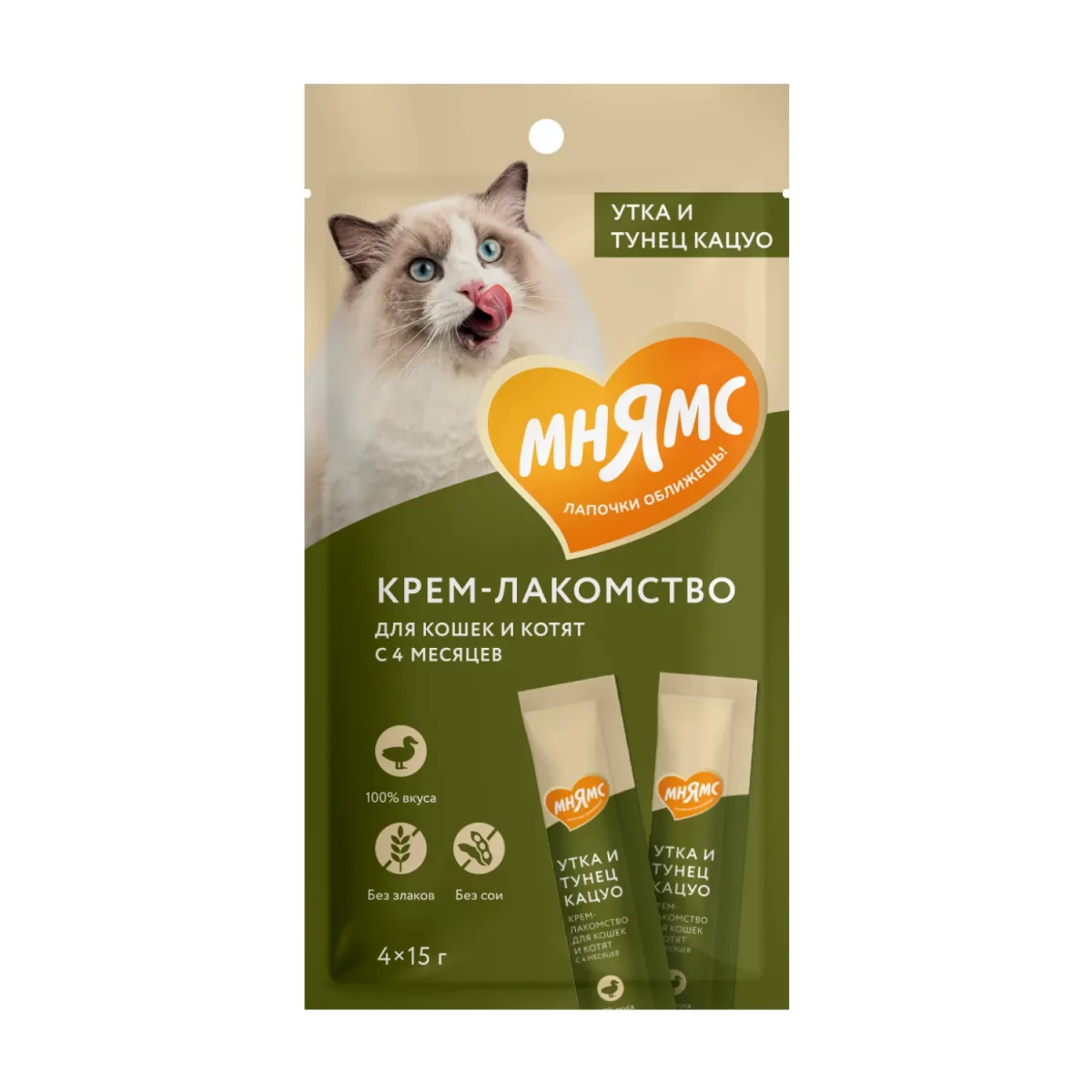 Мнямс Крем-лакомство с уткой и тунцом Кацуо для кошек, 15 г х 4 шт.